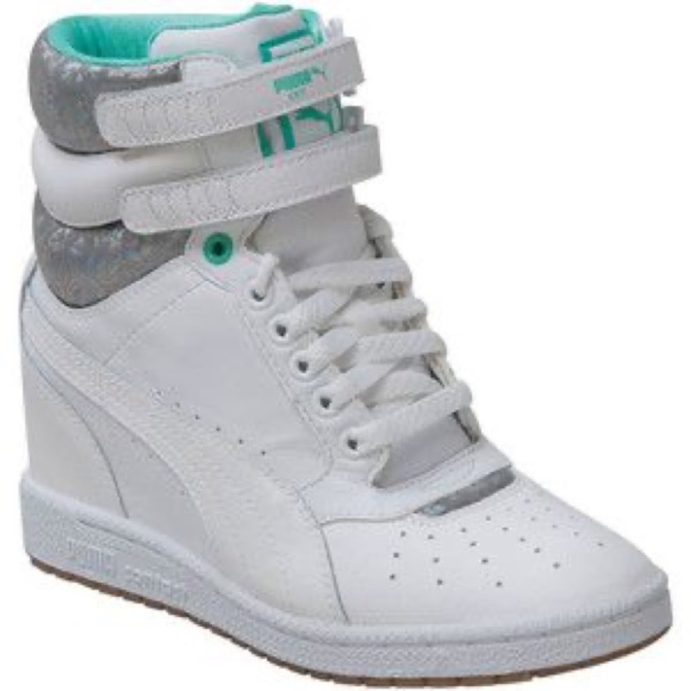 Puma White and Teal High-Top Sneakers with Wedge Hidden Heel